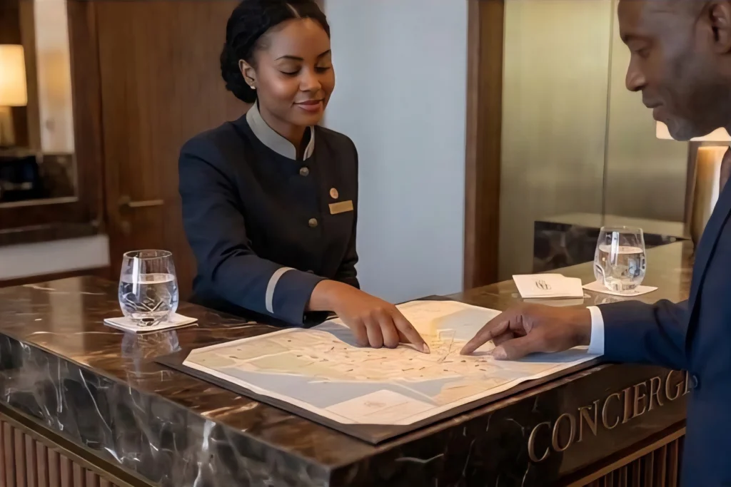 A concierge in uniform guiding a resident across a map at the marble front desk