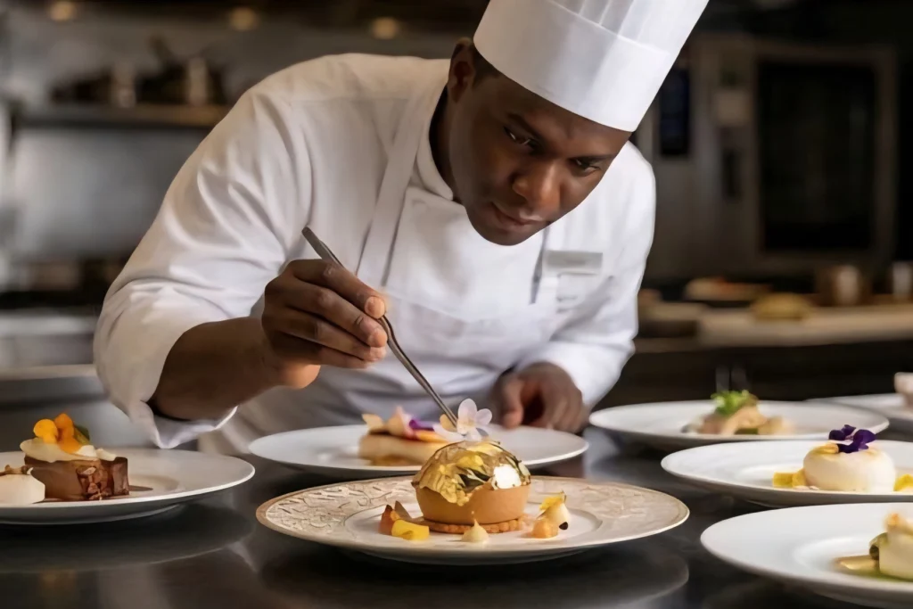 A chef finishing plated desserts in the residents’ kitchen