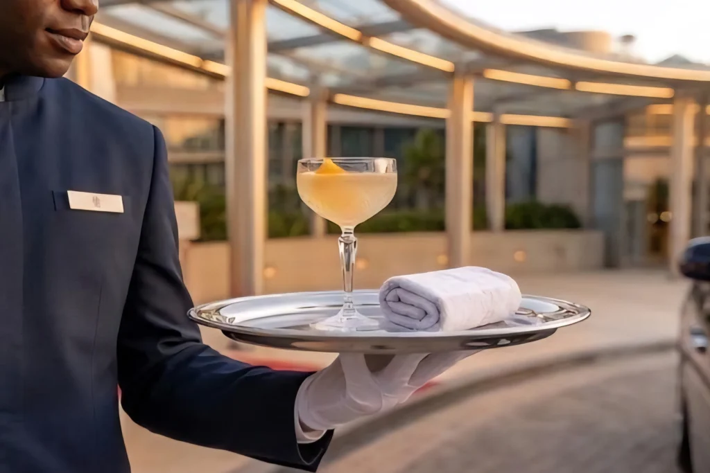 A gloved attendant carrying a cocktail and a folded towel on a silver tray