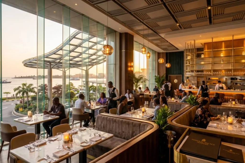 A restaurant with tall windows onto the lagoon, guests dining at sunset