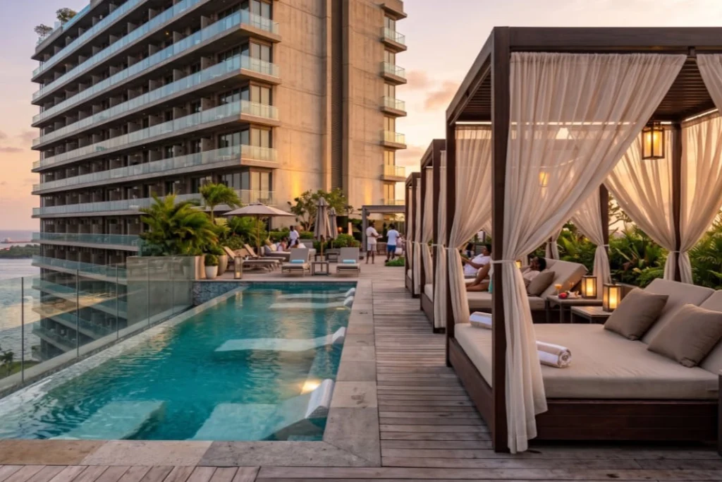Curtained cabanas with daybeds beside a long pool beneath the residential tower