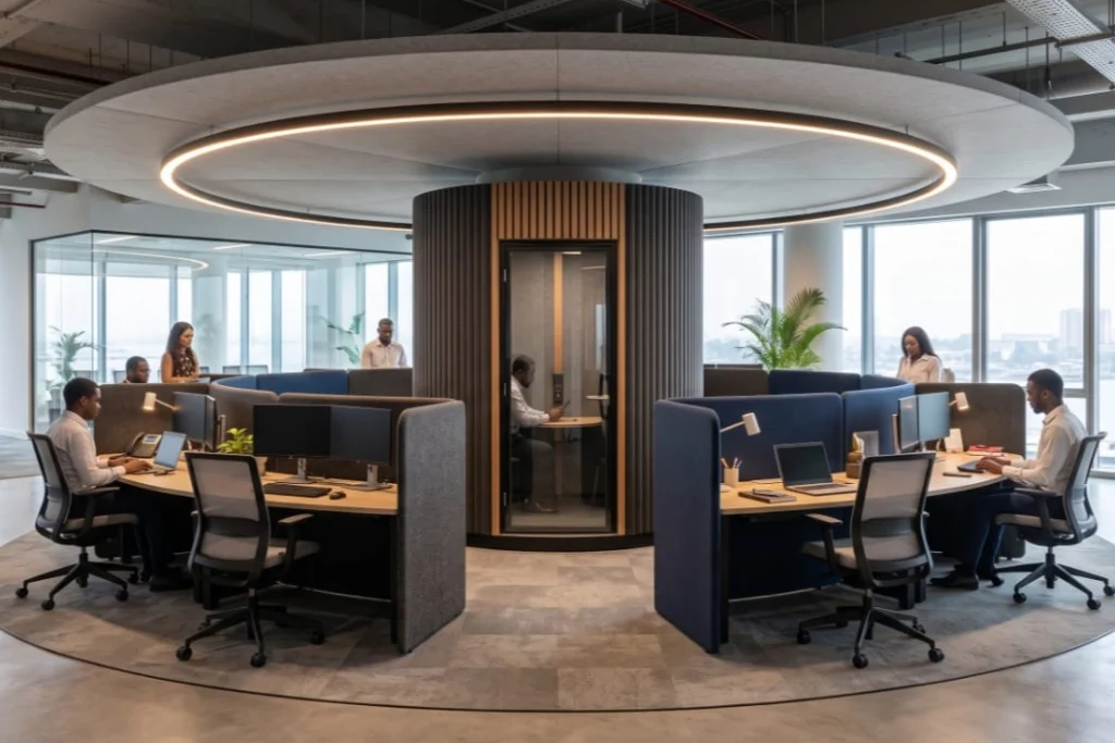 A quiet co-working floor with private booths and city views