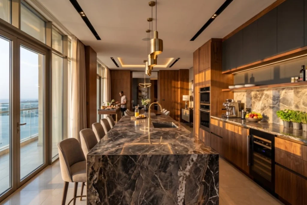 A kitchen with a marble island, bar stools and pendant lights