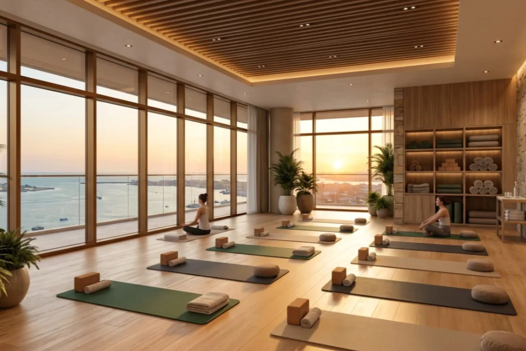 A yoga studio with mats laid out before full-height windows at sunset