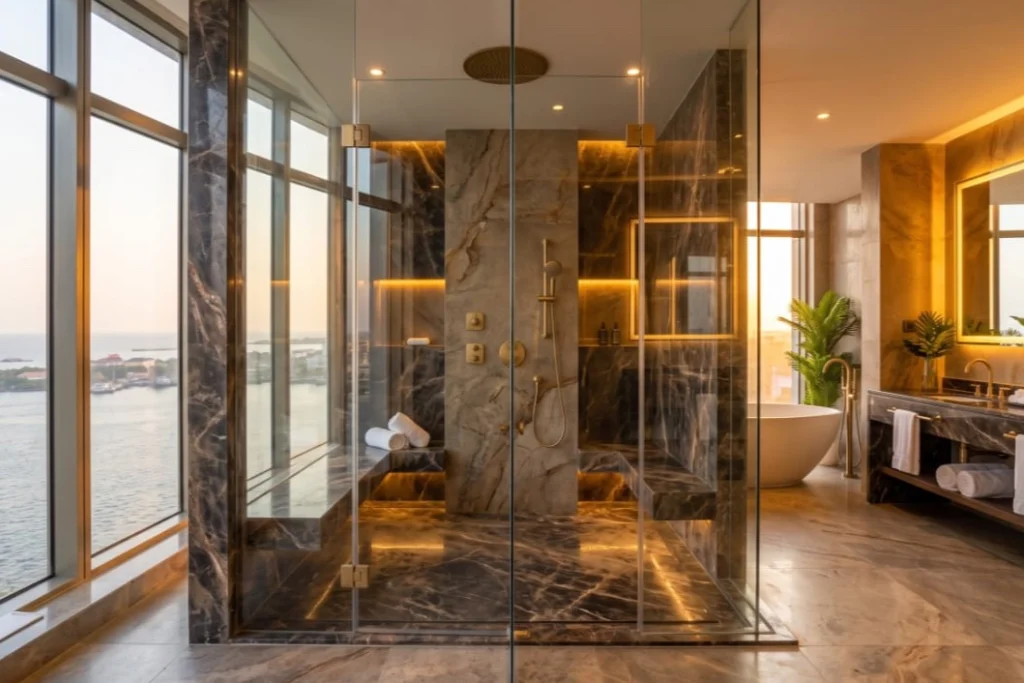 A marble bathroom with a glass rain shower and a freestanding bath